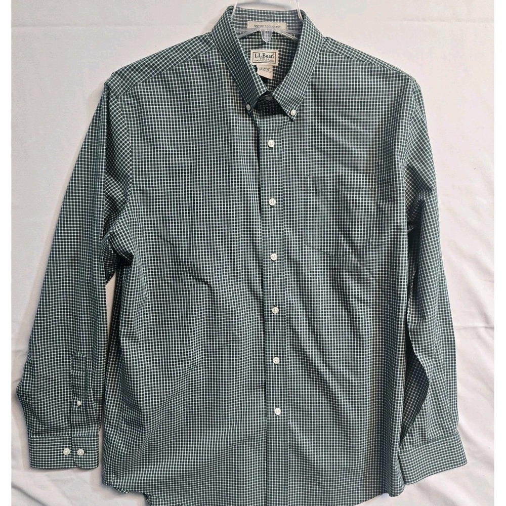 LL Bean Wrinkle Resistant Button Down Shirt Mens L-REG Plaid Green Checkered